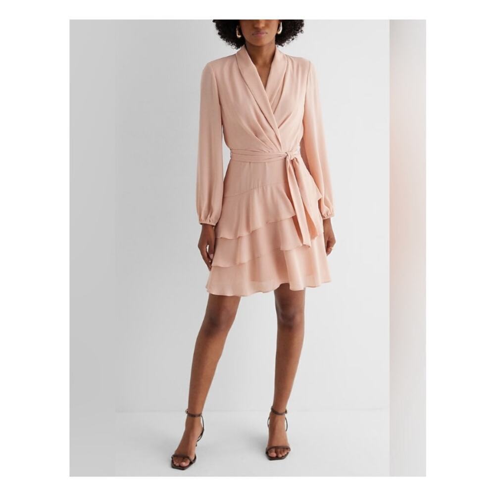 Express Collared Long Sleeve Tie West Tiered Dress Pink Size XS